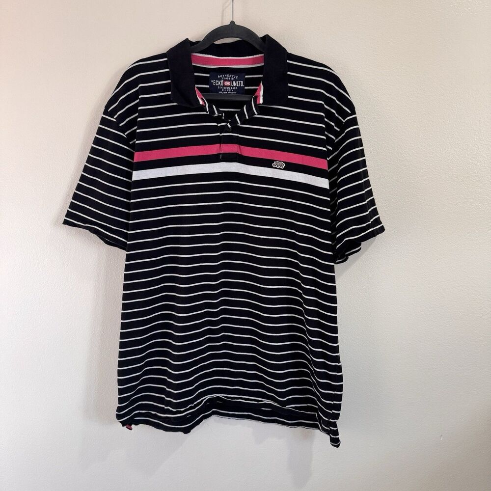 Vintage Y2K Ecko Unltd Polo T-shirt Mens 2XL Striped Black White Pink Cotton